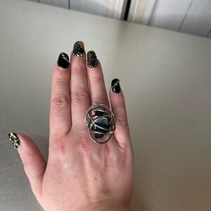 Wire Wrapped Black Stone Silver Ring Boho Summer Size 6.5 Approx. Artistic